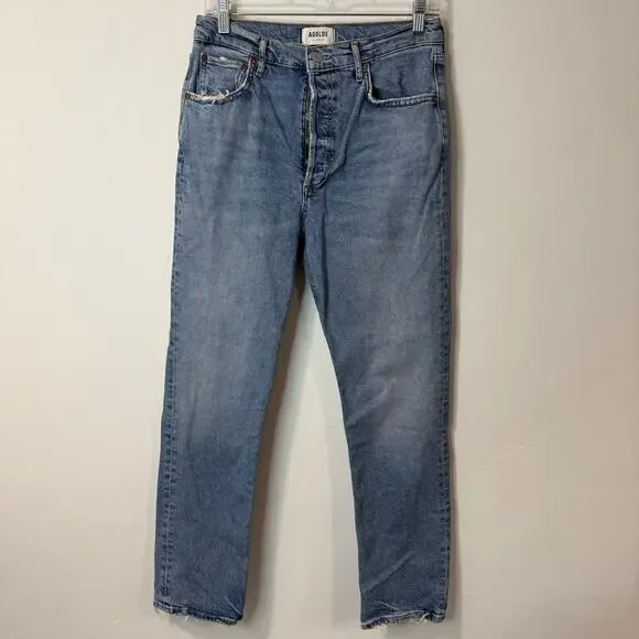 Agolde Womens Straight Jeans Riley Long 28 Cove Wash Blue Organic Cotton Hi Rise - Picture 2 of 10